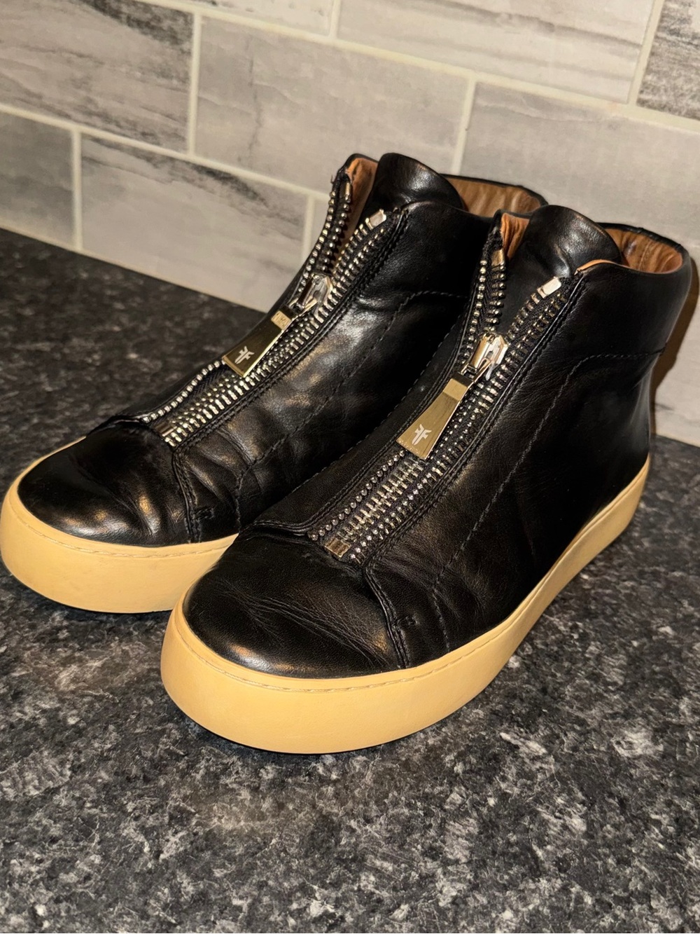 Frye Lena Zip High Top Black Leather Sneakers - Size 7.5M